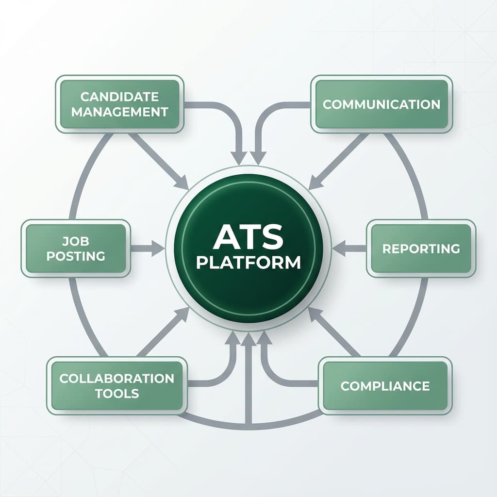 ATS core features diagram showing candidate management, job posting, collaboration tools, communication, reporting, and compliance capabilities