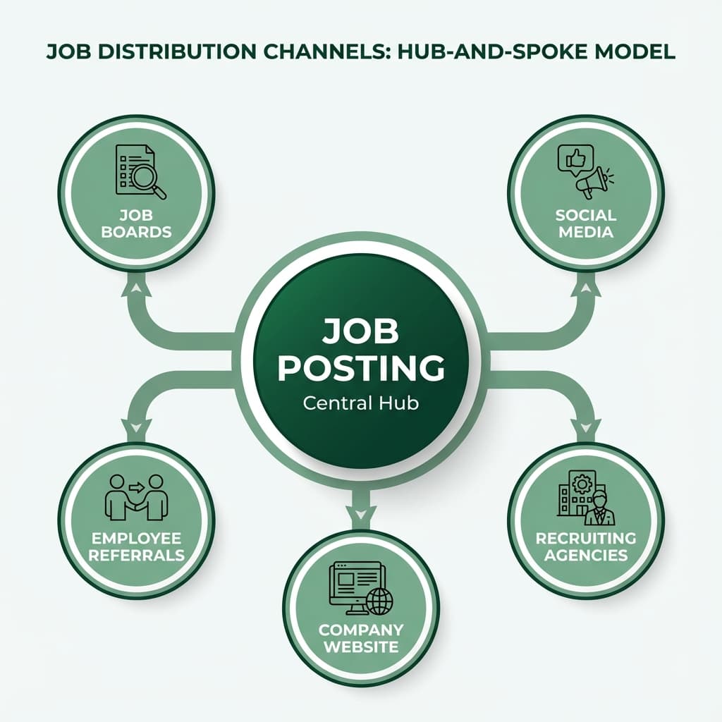 Job distribution channels diagram showing multiple recruitment channels including job boards, social media, company website, employee referrals, and recruiting agencies