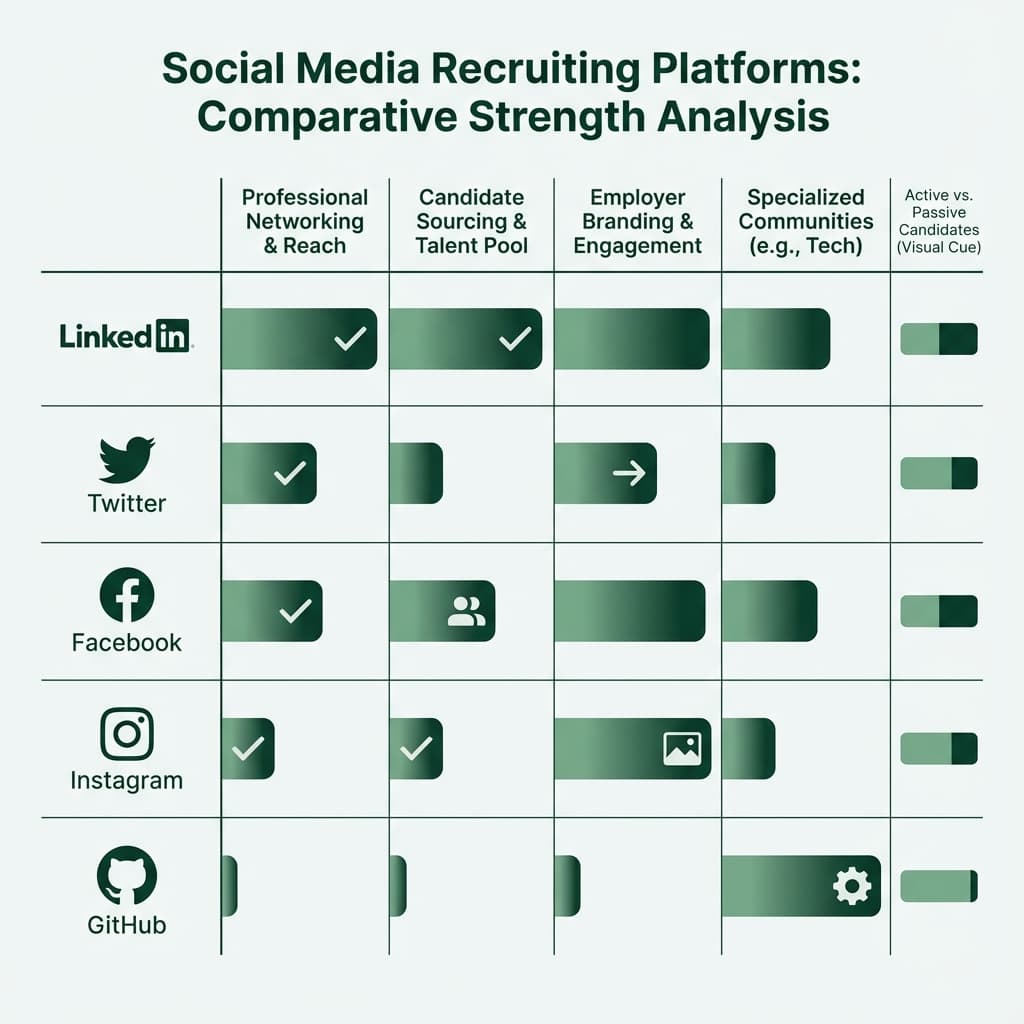 Social media recruiting platforms comparison showing LinkedIn, Twitter, Facebook, Instagram, and GitHub with their respective recruiting strengths